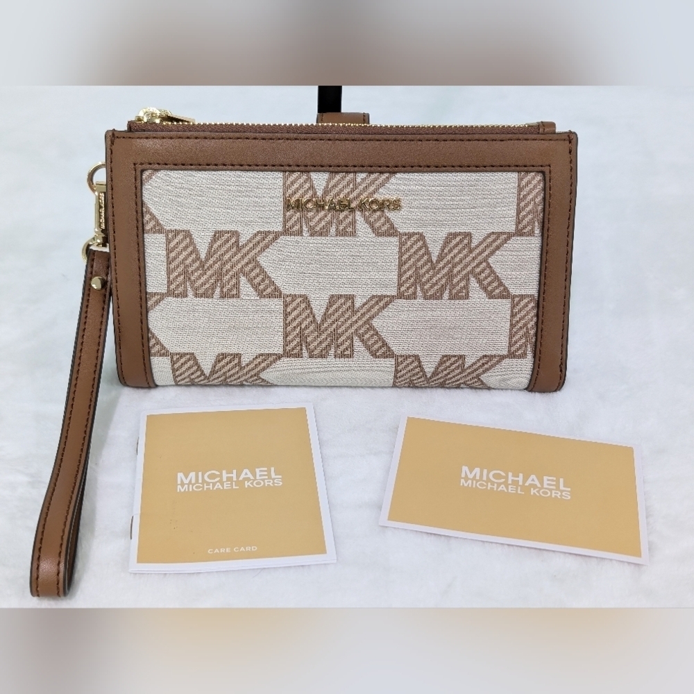 Michael Kors Jet Set Travel Large Double Zip Phone Wristlet Wallet Nwot Brown
